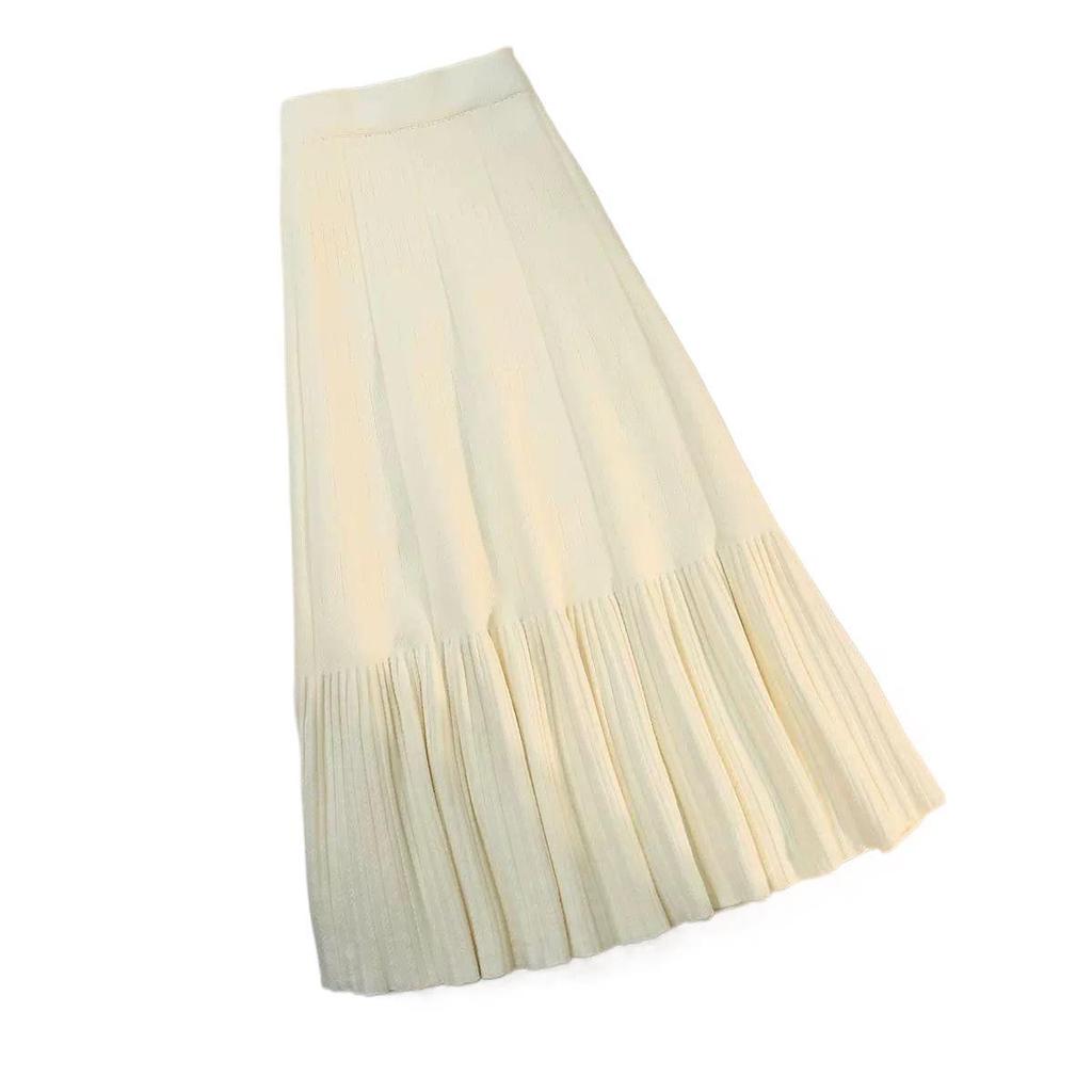 Women's High Waist Ruffle Knit Skirt - Retro A-line, Autumn/Winter, Slimming, Long Hem.