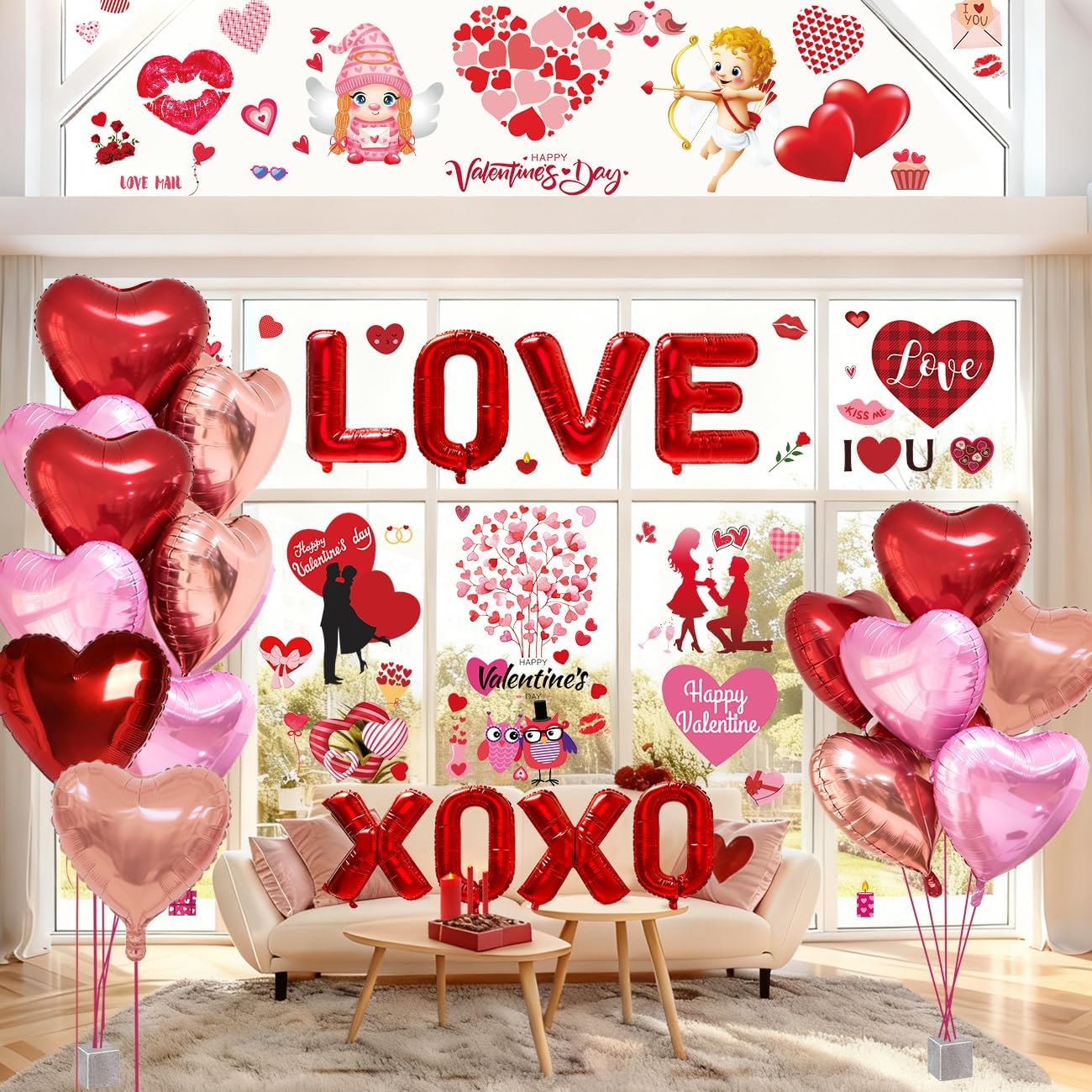 WOHOHOHO 181Pcs Valentines Day Window Clings Decorations, 10 Sheets Valentine s Day Window Stickers, LOVE & XOXO Banner, 12Pcs Heart-Shaped Balloons.