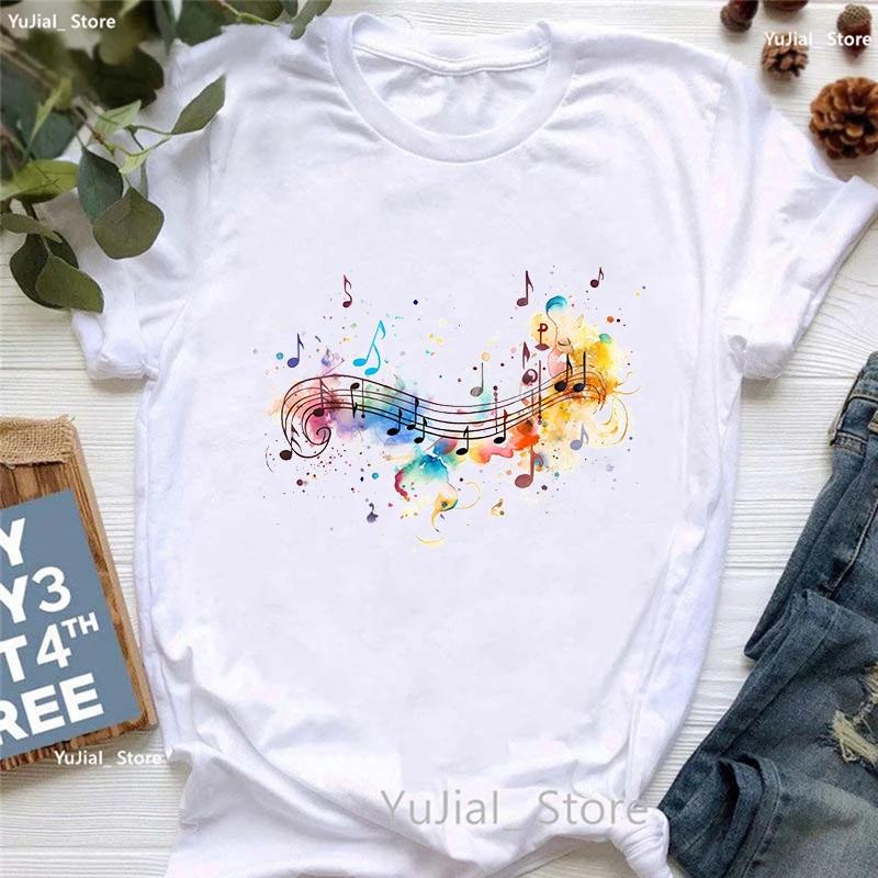 Watercolor Music Note Flowers Print T Shirt Girls Summer Fashion Tshirt Womem Hip Hop Tshirt Femme Harajuku Shirt Streetwear