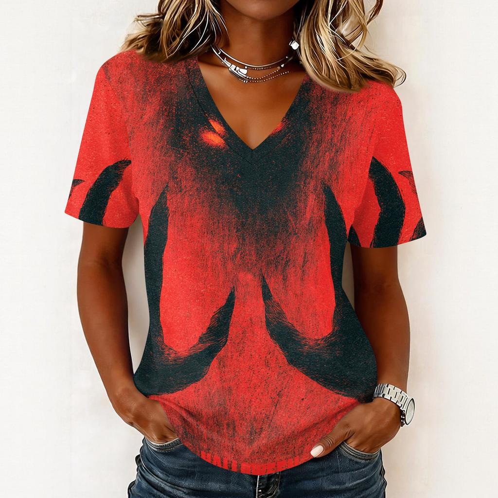Women's Casual V Neck Pullover Top Halloween Ghost Print Short Sleeve Blouse Lightweight Comfortable Fit