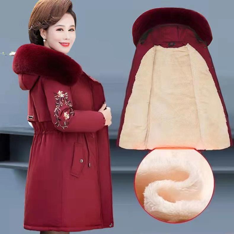 Women's Winter Fleece Padded Jacket Thick Warm Mid-Length Embroidered Hooded Padded Coat