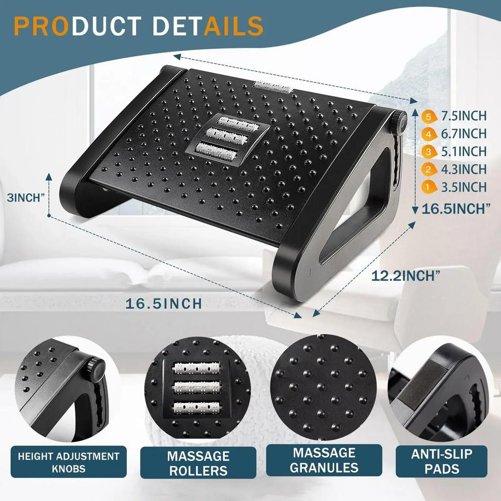 New Under Desk Footrest with Massage Rollers Ergonomic Foot Stool for Home Office Pain Relief and Comfort