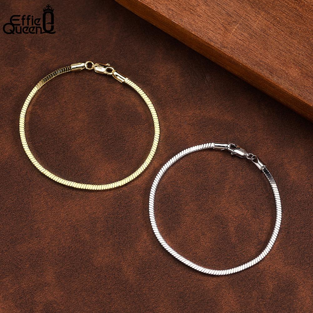EFFIE QUEEN 925 Sterling Silver Simple 2MM Snake Chain Bracelet DIY Charm Party Gift Fashion Square Snake Chain Bracelet SB221
