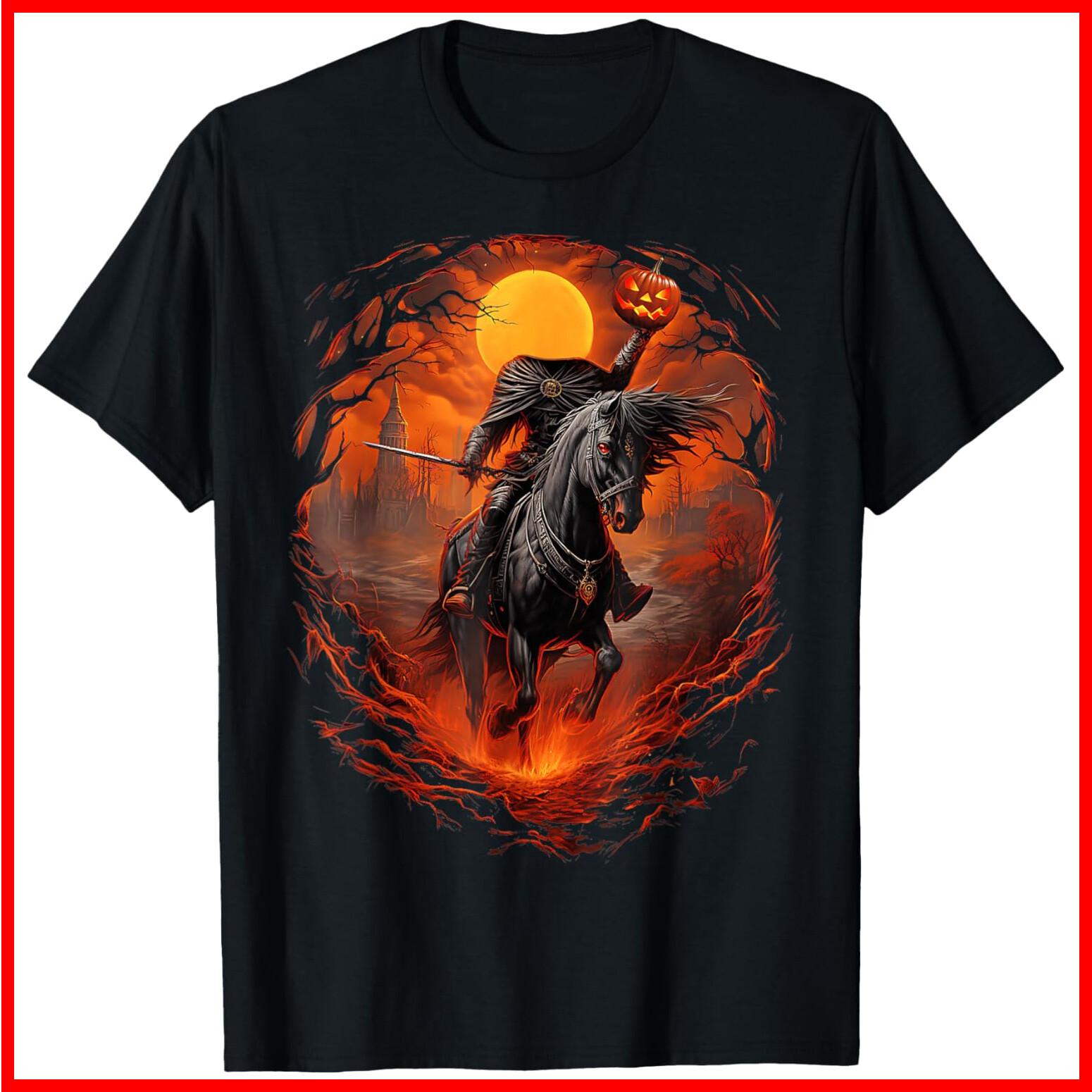 Scary Pumpkin Headless Horseman Halloween Black Cotton T-Shirt S-5XL XL