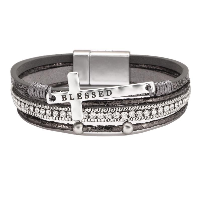 Boho Style Cross Bracelet, Light Luxury Micro-diamond Magnetic Buckle Bracelet, PU Leather Bracelet