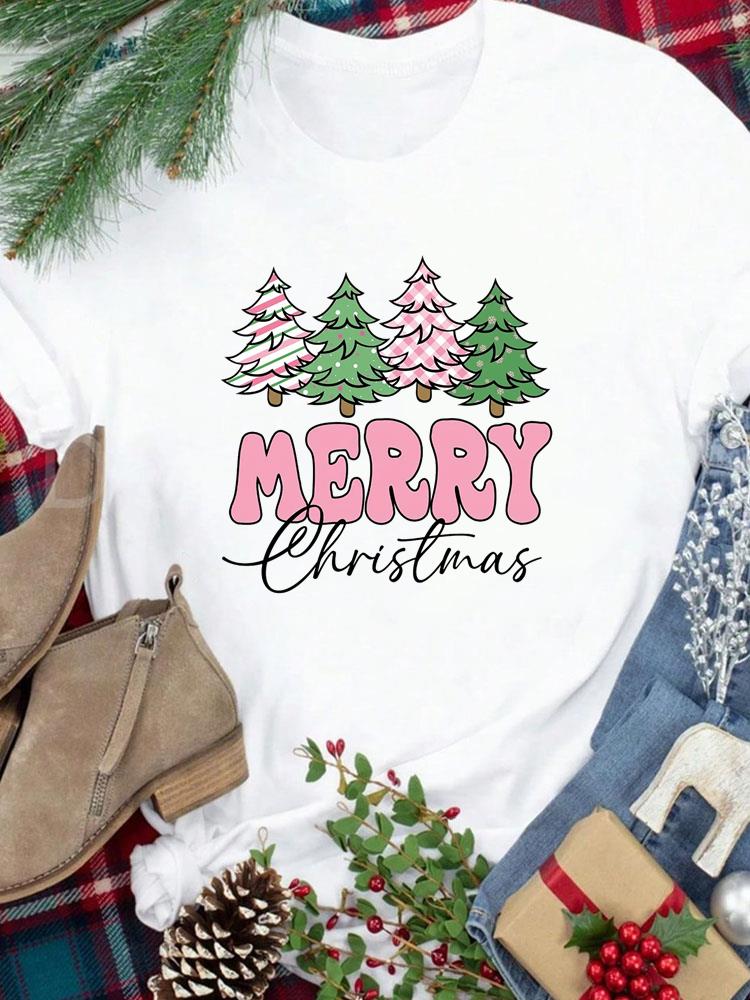 (Asian Size) Tee New Year Holiday Merry Christmas Top Festival Casual Leopard Tree Style Cute Women Print Lady Short Sleeve Fashion Graphic T-shirts