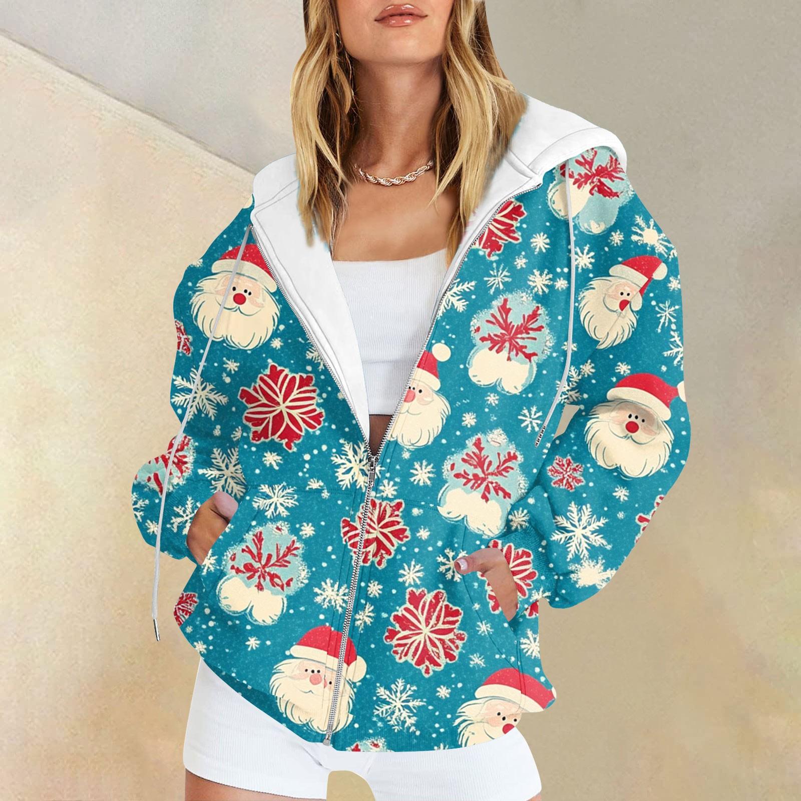 

Женская рождественская печатная толстовка, зимняя куртка-кардиган с длинными рукавами и карманами, на молнии, толстовка с капюшоном, верхняя одежда XXL