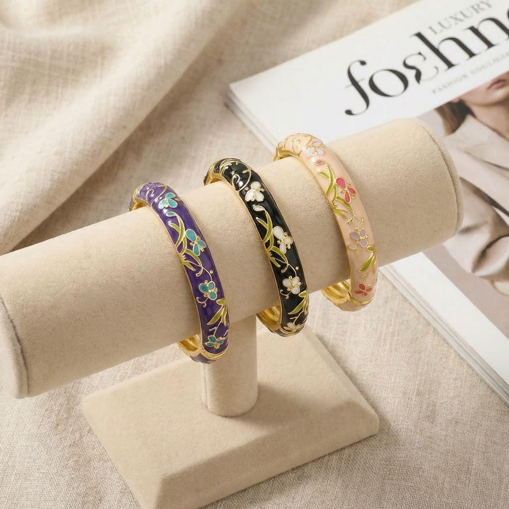 Elegant Cloisonne Bangle Rhinestone Retro Court Floral Bangle Charming Enamel Bracelet  Fashion