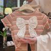 2Pcs/Set Baby Girls Clothes Sets Kid Striped Short Sleeved Tops+Pants Suits Toddler Bowknot Costume Summer Children Clothing