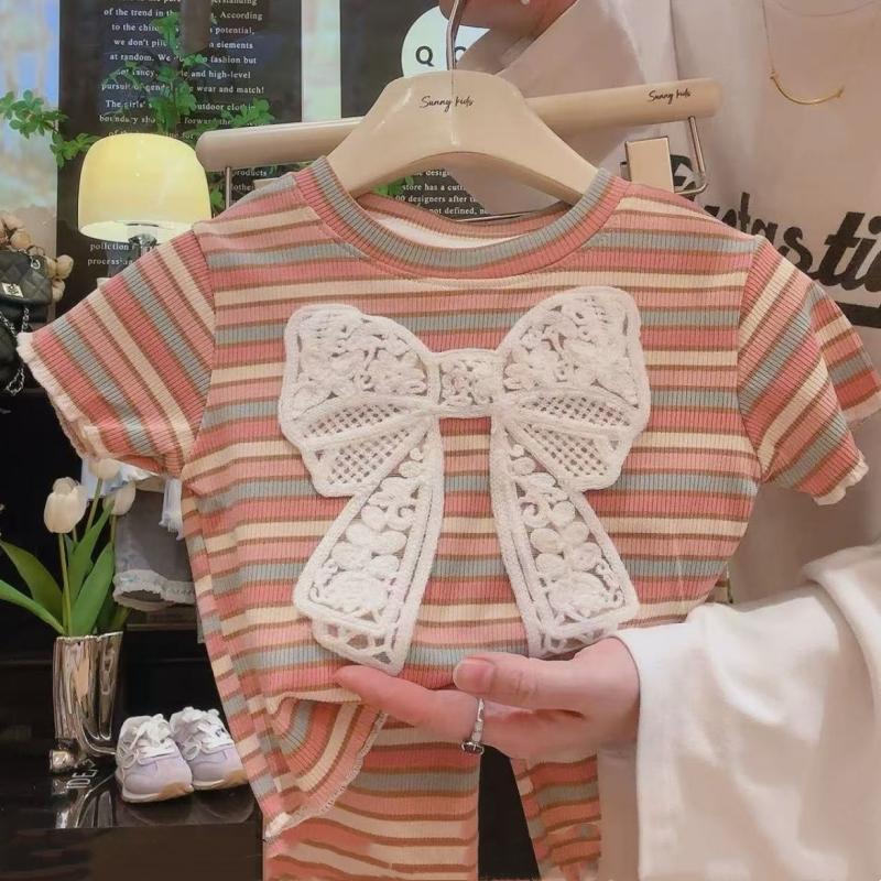 2Pcs/Set Baby Girls Clothes Sets Kid Striped Short Sleeved Tops+Pants Suits Toddler Bowknot Costume Summer Children Clothing