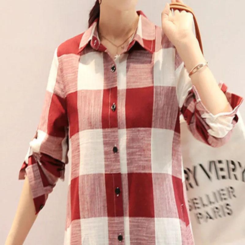 

Polo Neck Button Loose Vintage Plaid Shirt Summer Women Clothing Fashion Streetwear Short Sleeve Pockets Blouses Ladies XXL красный