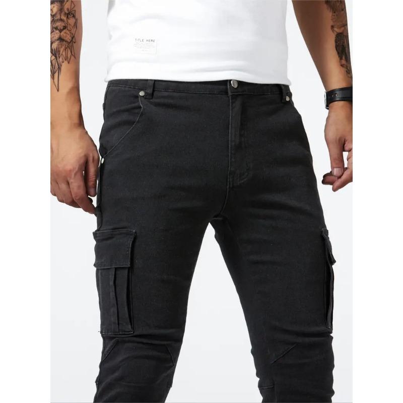 Pantaloni Cargo in Denim Skinny Azzurro Chiaro da Uomo Multi Tasche Elasticizzati Casual