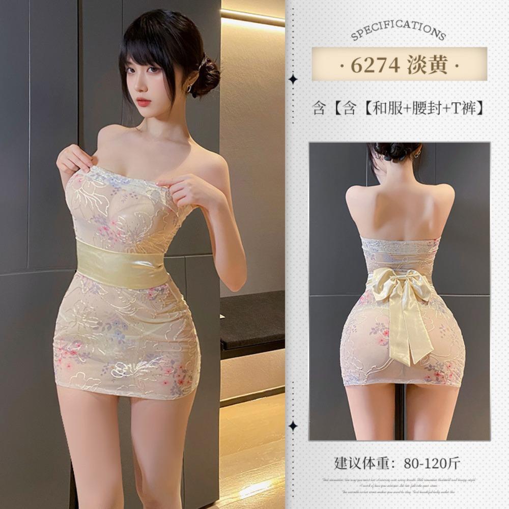Duofu + Tube Top Embroidery Print Perspective Japanese Kimono Set, Erotic Underwear, Sexy Hip Wrap Uniform