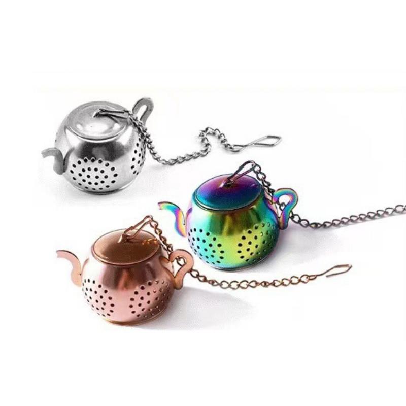 Metal Tea Strainer Teapot Shape Loose Tea Infuser Stainless Steel Leaf Tea Maker Strainer Chain Drip Tray Herbal Spice Filter
