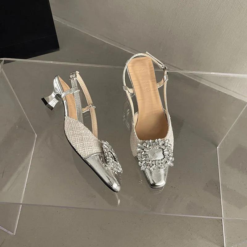 2024 Summer Heel Women Sandals Elegant Crystal Metal Decoration Shoes Outdoor Party Dress Women's Sandalias