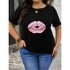 European Size Women'S Black Bold Pink Lips & Leopard Print Graphic T-Shirt - Stretchy Round Neck Short Sleeve Top, Casual Streetwear Tee for Summer