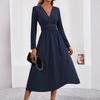 Women's Fashionable Solid Color V-neck Long Sleeved Pleated Long Dress