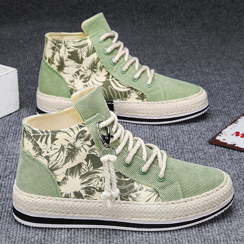 2025 New Straw High-top Board Shoes Corduroy Casual Shoes Men's Shoes Korean Version of Student Tide Shoes Four Seasons