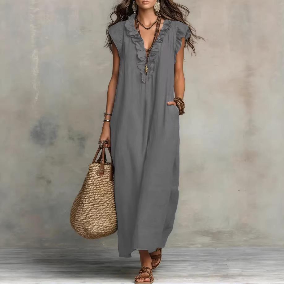 Women's Sleeveless Ruffle Neck Maxi Dress in Multiple Colors