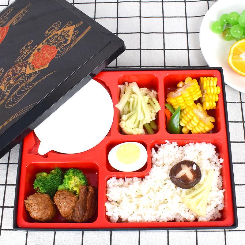 Heat-Resistant Bento Box with Wood Grain Lid for Business Meals and Sushi Black Wood Grain Box, Red Inner Tray, White Bowl