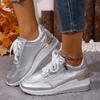 Fashion Thick Bottom Silver Sneakers Women 2025 Spring Wedge Heel Vulcanized Shoes Woman Comfortable Lace Up Sport Sneaker Mujer