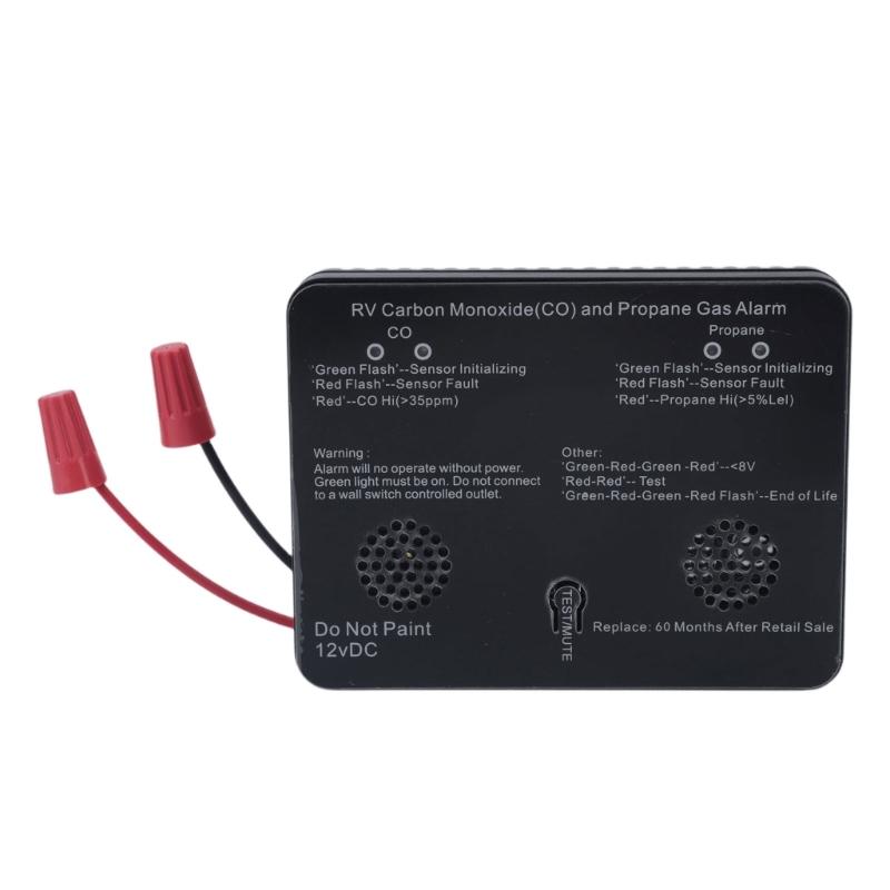 Metal Housing Gas Monitor for Motorhomes with Face-Mounted Test/Silence Control, 2 Side Openings, Red and Black Cables, and Installation Tool