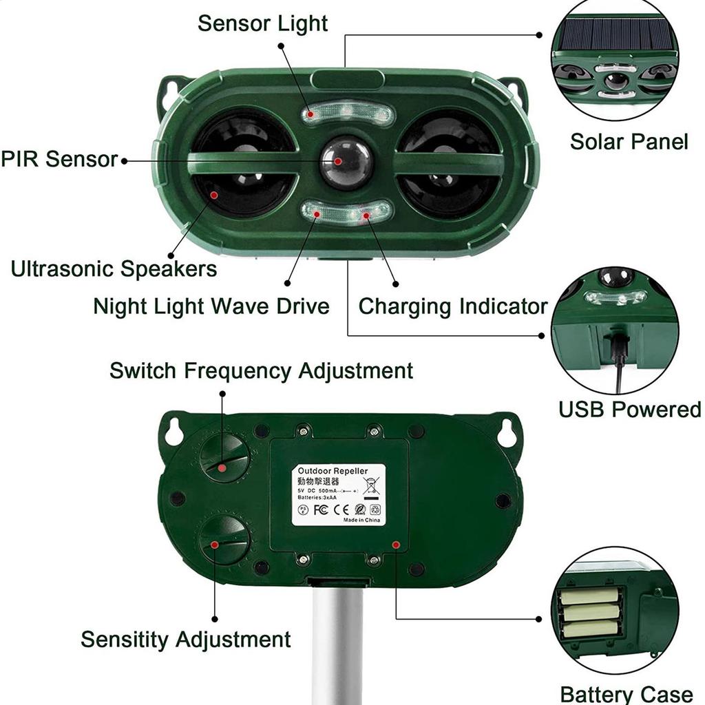 Solar Outdoor Animal Repellent Motion Sensor 5 Mode Scare Away Machine for Birds Cats Foxes Farm Garden Yard Backyard Camping