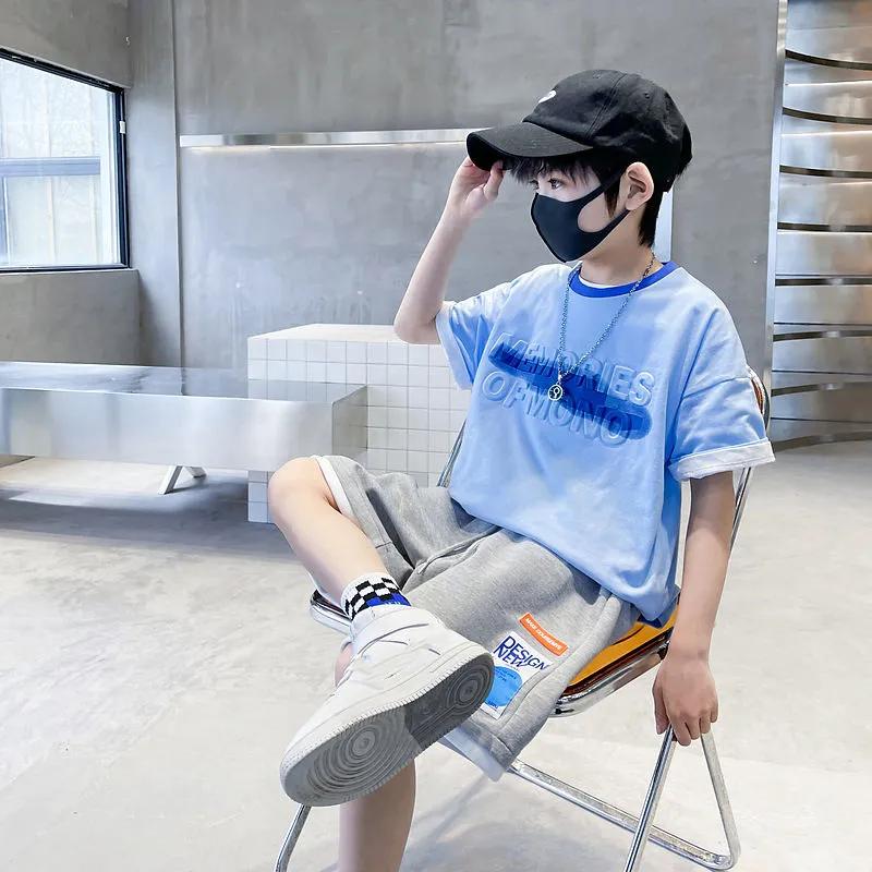 Boys Summer Handsome Sports Suit Middle and Large Children Personalized Short-sleeved T-shirt + Five Pants Thin Section Two-piece Set