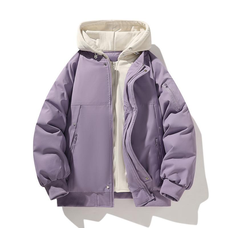 Winter New Fake Two Pieces Fashionable Loose Warm Cotton-padded Clothes Men and Women with The Same Hooded Jacket