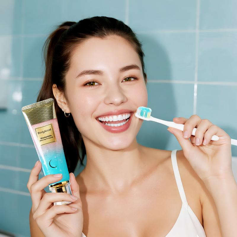 BodyAccel Aufhellende Zahnpasta - Niacinamid Pfirsich Minz Geschmack | Vegan, Fluoridfrei, Anti-Plaque & Frischer Atem | Mundhygiene Essentials