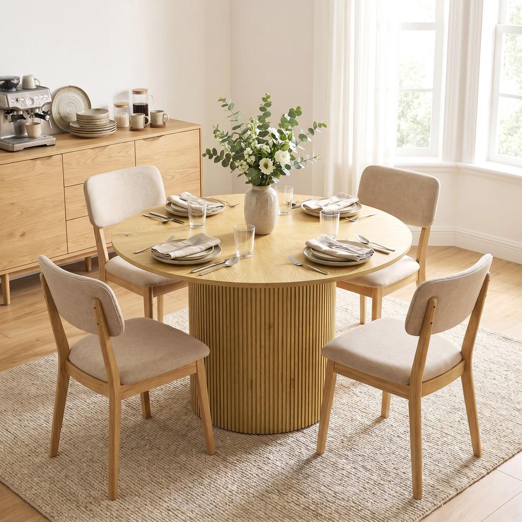 Modern Round Dining Table For 4 6 People 110 Cm Kitchen Table With Fluted Cylindrical Base Oak