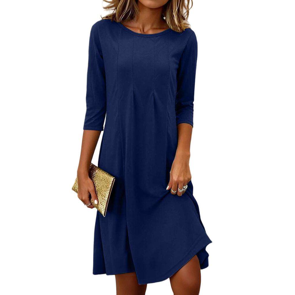 Women's Fashionable And Elegant Pleated Round Neck Three,quarter Sleeve Dress