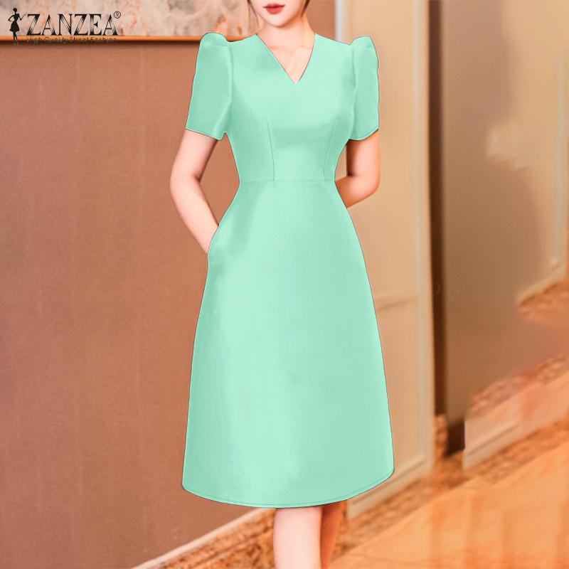 ZANZEA Women Summer V-Neck Short Sleeve Slim A-Line Dress