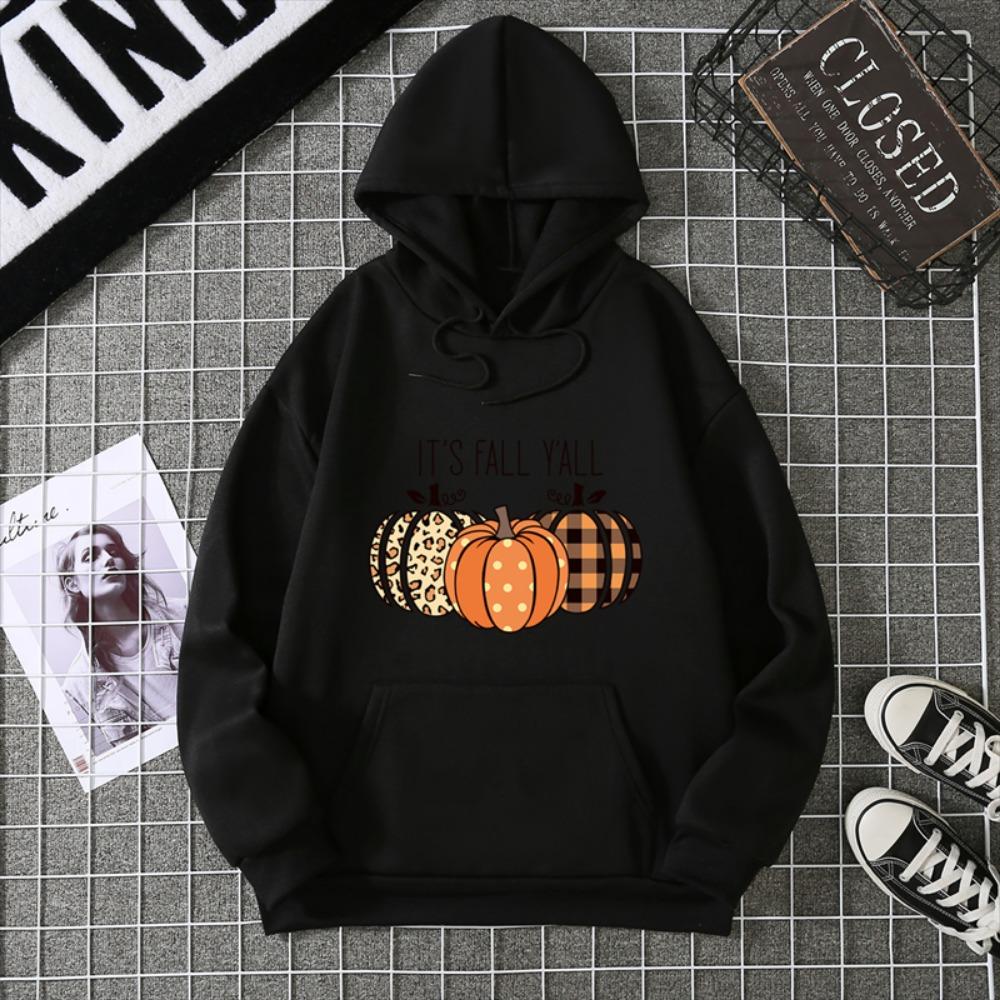 2025 Thanksgiving Pumpkin Graphics Women’s Black Gray Hoodies Soft Cotton Loose For Comfortable Fall/Winter Halloween Relaxation