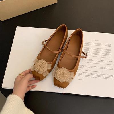 Sapatos rasos estilo bailarina de flor, boca rasa, sapatos únicos femininos, primavera e outono novos, retrô, saia de fada, sola plana, Mary Jane