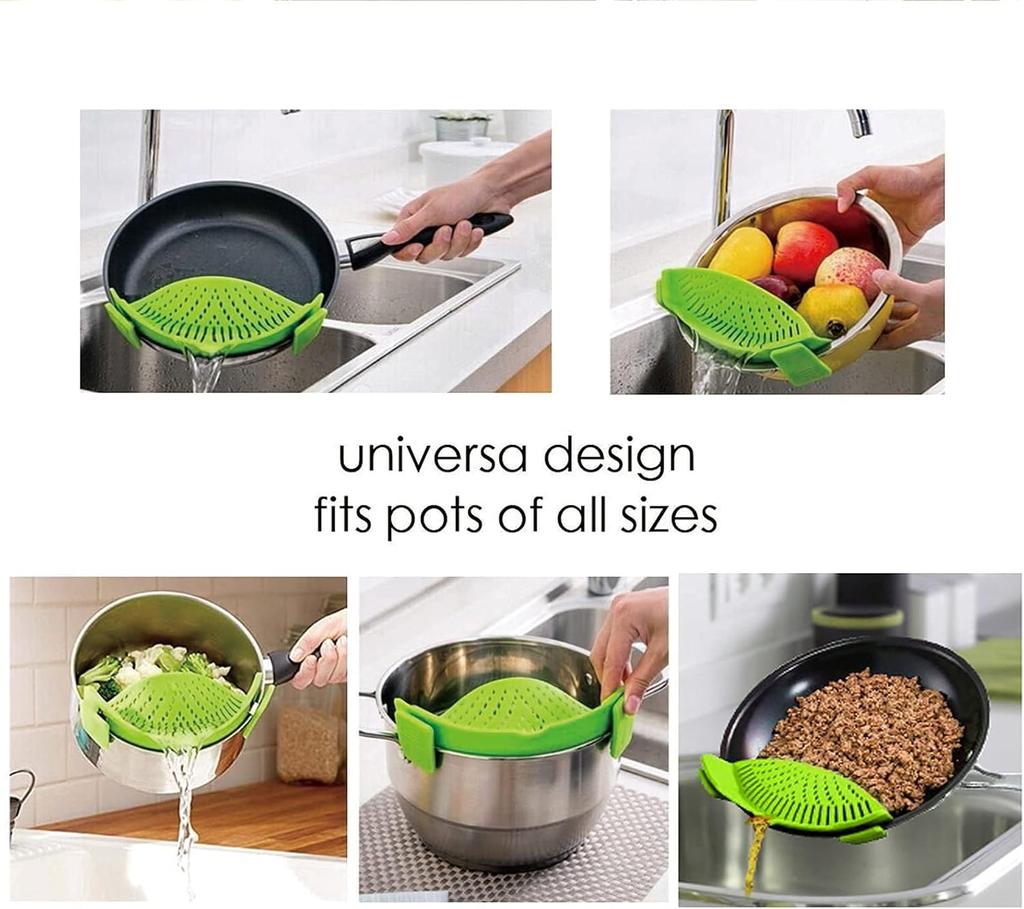 2 Pcs Silicone Clip on Strainer for Pasta Meat Vegetables Fruit, - Fit All Pots and Bowls.