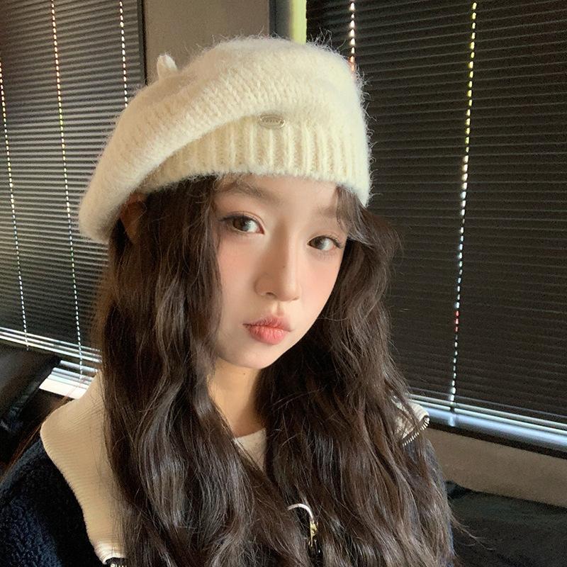 Plush Beret Female Autumn and Winter Warm Bud Painter Hat Big Head Circumference Showing Face Small Knitted Hat Tide