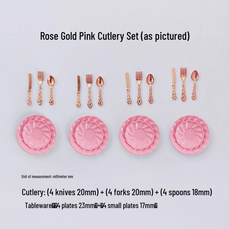 Miniature Dollhouse DIY Model Cake Set: Alloy Plate, Knife, Fork & Spoon Props