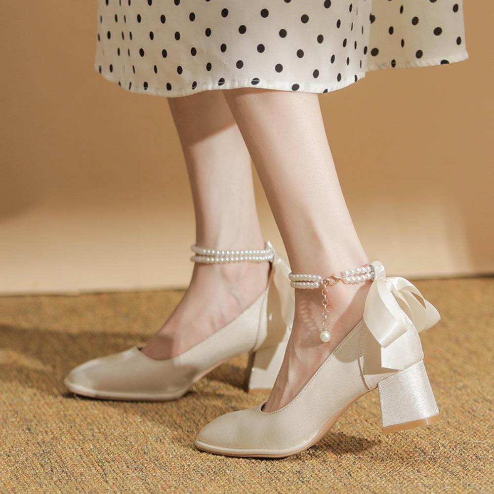 2025 New French-Style Women's Wedding Shoes - Bowknot Fairy Bridesmaid Shoes, Two-Way Wear Block Heel, Comfortable Non-Tiring Feet, StyleXCY34-888-200