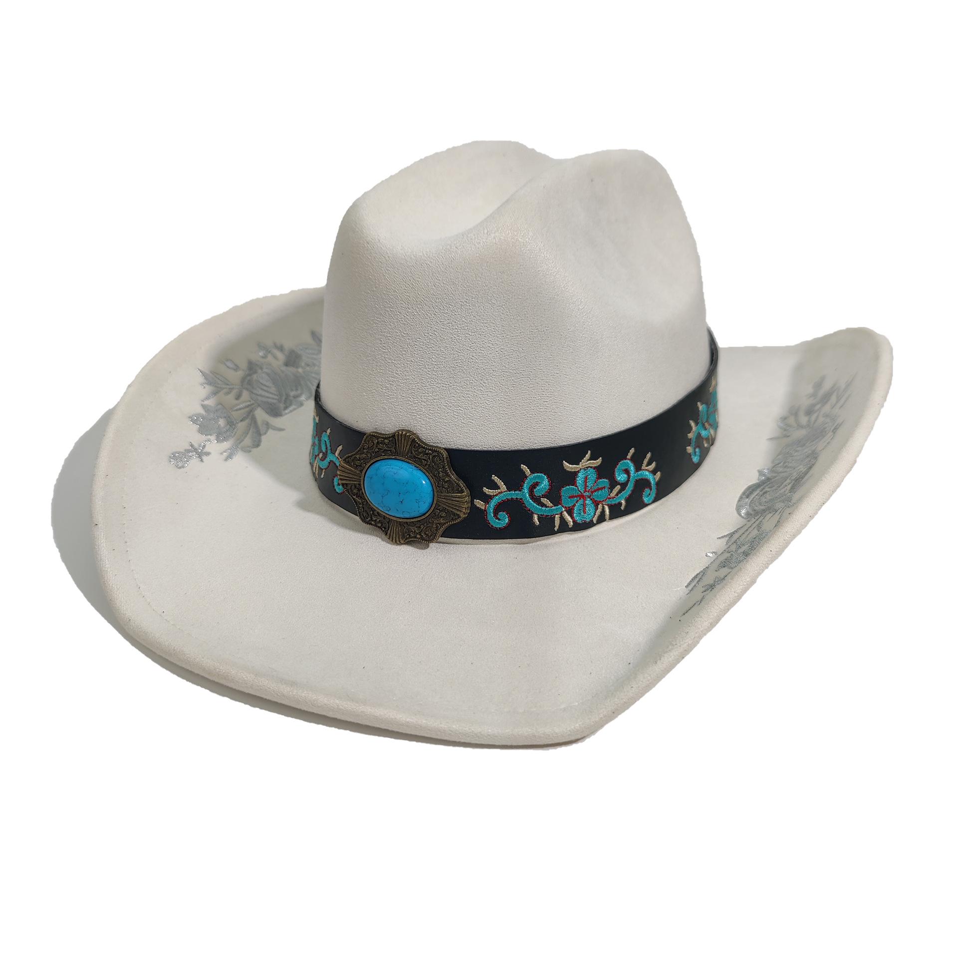 Ретро Вышитая Западная Джинсовая Шляпа Мужская И Женская Тибетская Замшевая Шляпа-Котелок Европейский И Американский Стиль Высокая Шляпа M（56-58cm）
