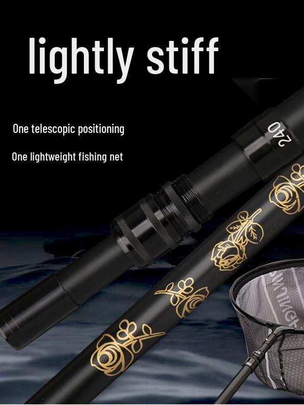 Telescopic Carbon Fiber Landing Net Pole with Lightweight Aluminum Alloy Positioning for Wild and Pit Fishing (Black/Gold).