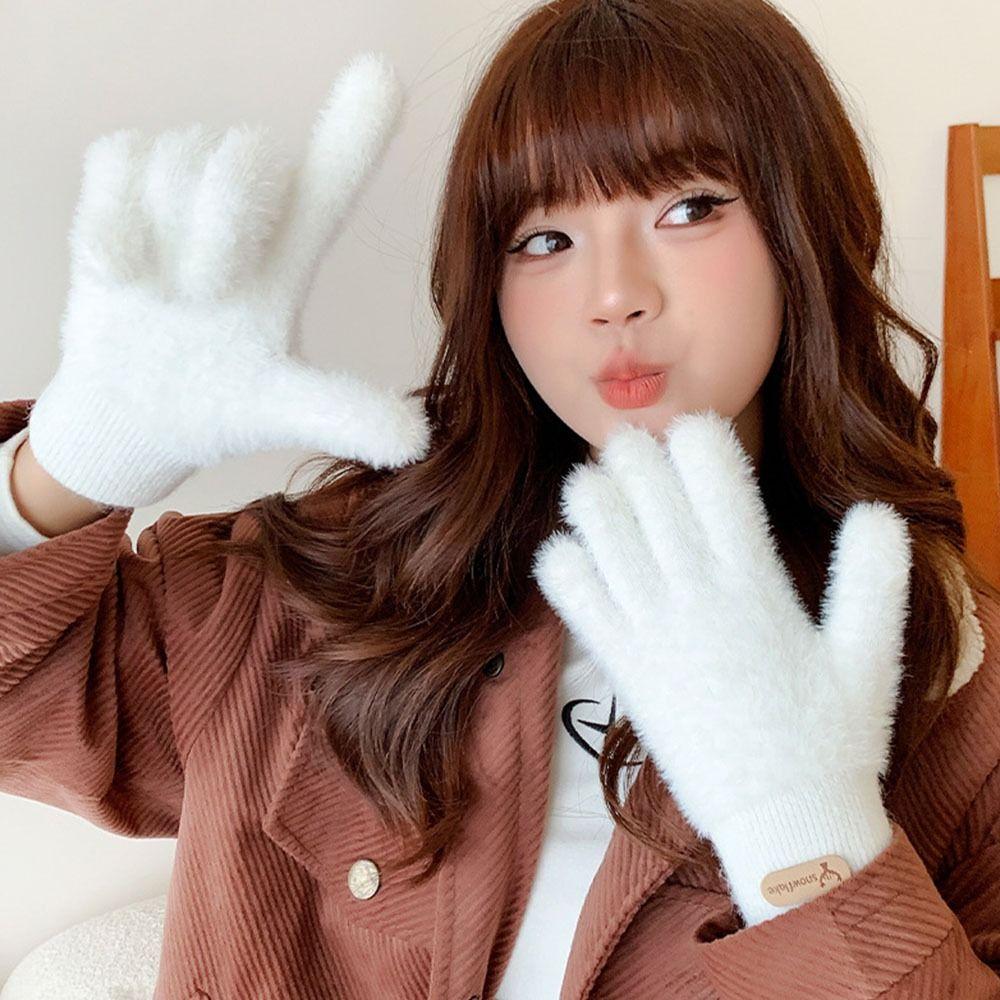 Fashion Thickened Furry Gloves Solid Color Cold-proof All Finger Mittens Warm Windproof Knitted Gloves Men Women
