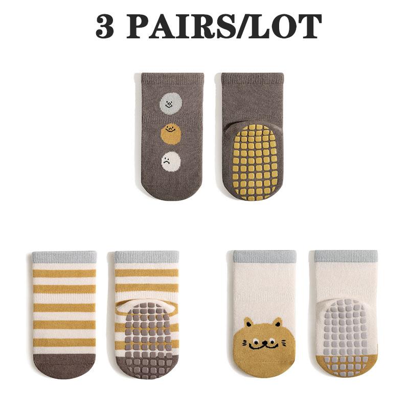 3 Pairs/Lot Cartoon Baby Floor Socks Indoor Full Sole Rubber Non-Slip Kids Socks Set Boneless Middle Tube Socks For Boys  Girls