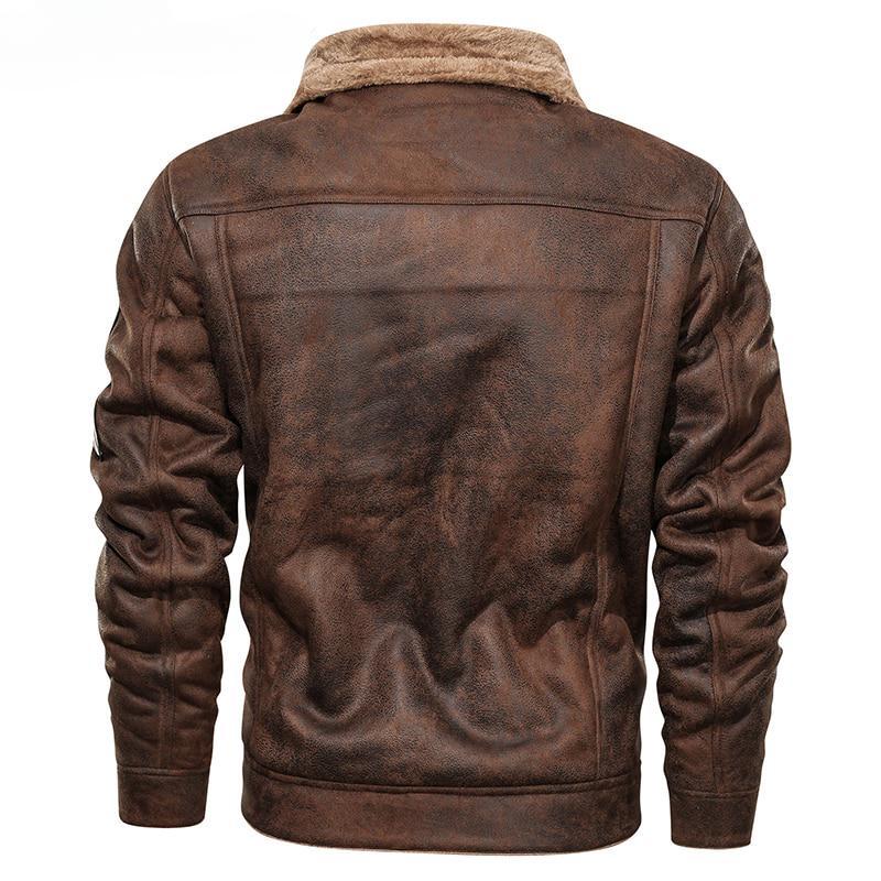Winter Warm Leather Jackets Men Fleece Lined Fur Collar Pilot Flight Motorcycle Bomber Jacket Thicken Vintage Faux Leather Military Parka Coat