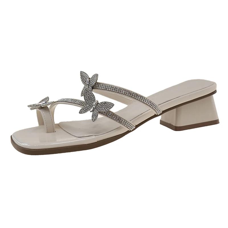 

Fashion 2025 Fashion Silver Crystal Sandals Women Rhinestone Butterfly Thick Heel Sandles Woman Summer Med Heeled Party Shoes Female 40 бежевый