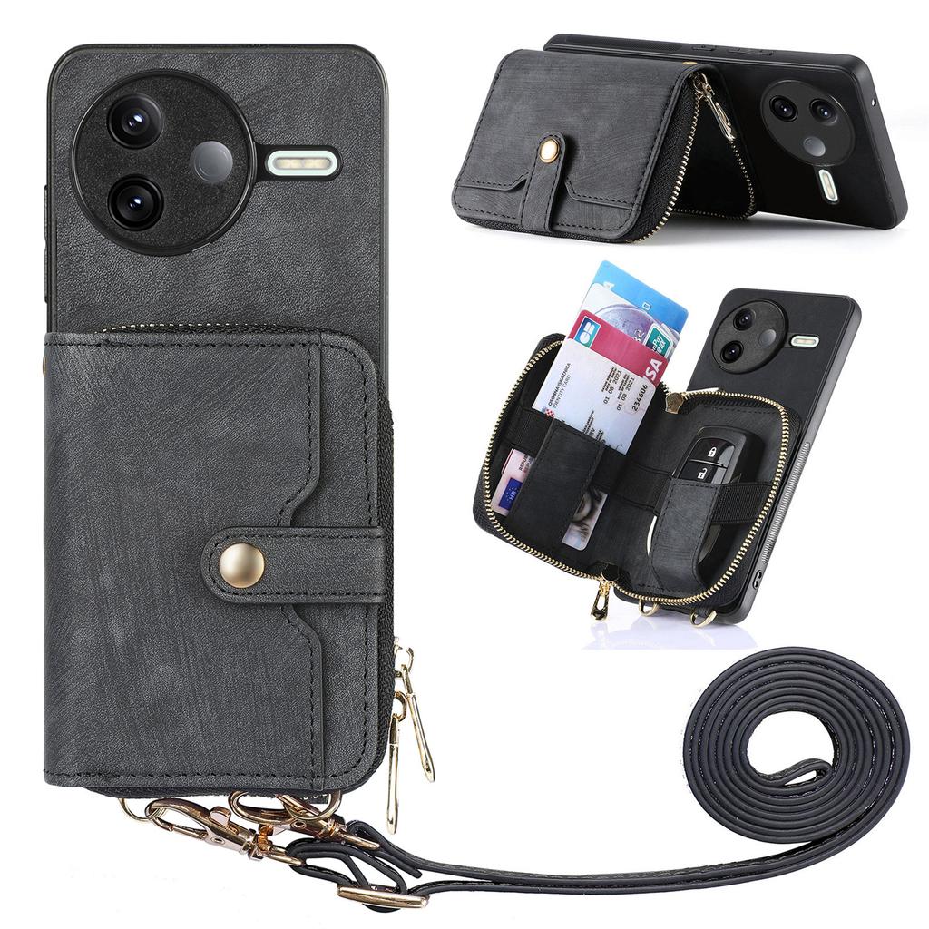 For Xiaomi Poco F7 Pro 5G/Xiaomi Redmi K80 5G PU Leather Phone Back Cover with Zipper Card Holder and Long Strap
