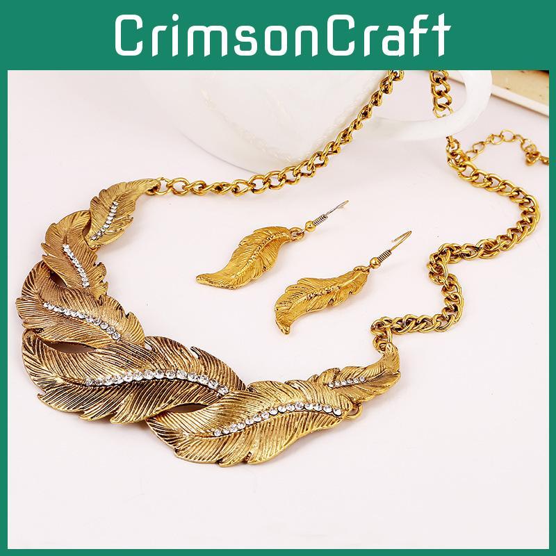 Fashion Rhinestone Decoration Feather Design Women Gold Necklace And Earring Set For Casual Wear And Employee Benefits