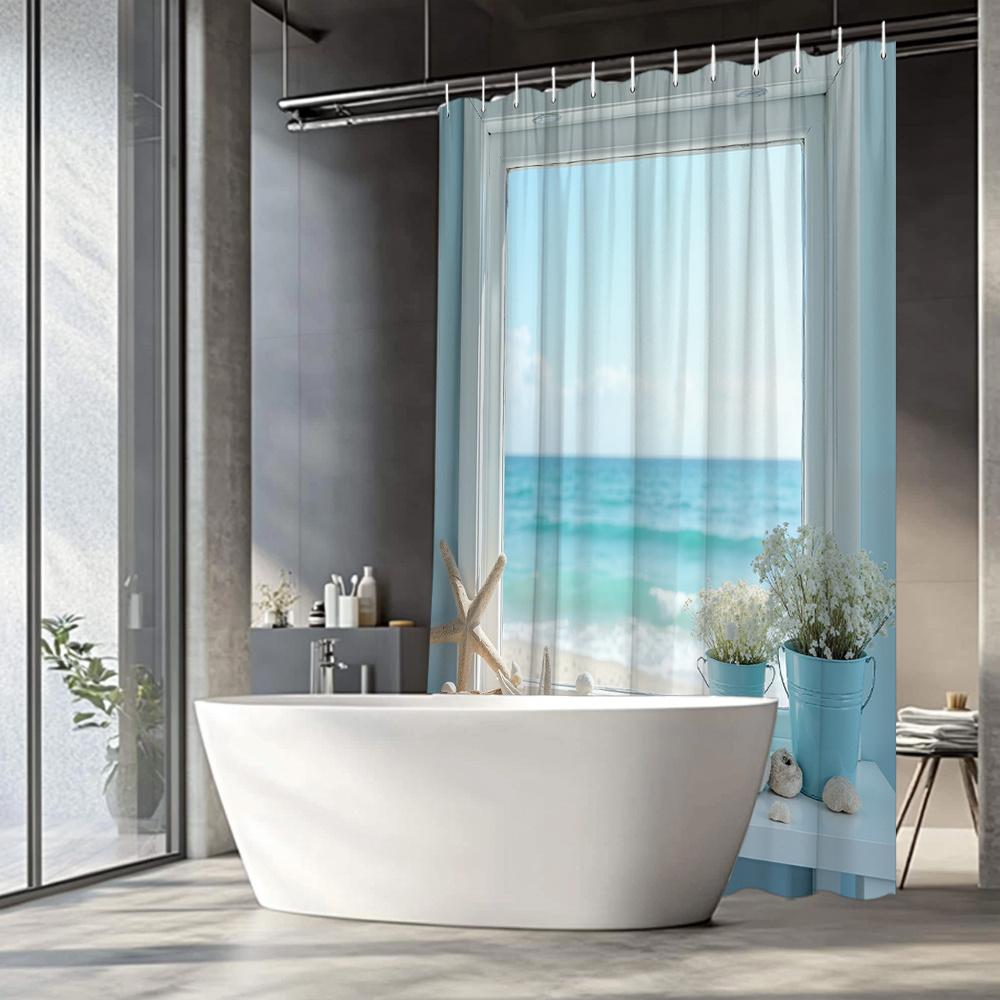Ocean View Beach Window Shower Curtain Machine Washable All Season Waterproof Privacy Protection Coastal Design Summer 12 Hooks