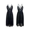 Heißes Netz-Camisole-Nachthemd mit tiefem V-Ausschnitt und hohem Schlitz, einfarbig, sexy, langes Loungewear 713 Glitzerndes, gewagtes Nachtwäsche, verziert mit glänzenden Strasssteinen
