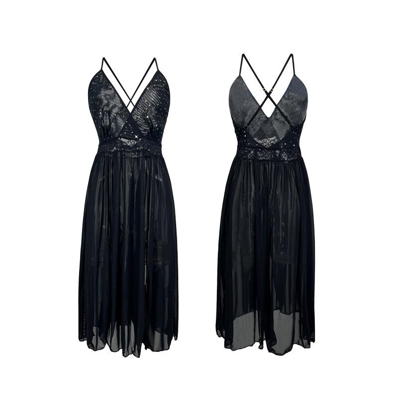 Heißes Netz-Camisole-Nachthemd mit tiefem V-Ausschnitt und hohem Schlitz, einfarbig, sexy, langes Loungewear 713 Glitzerndes, gewagtes Nachtwäsche, verziert mit glänzenden Strasssteinen
